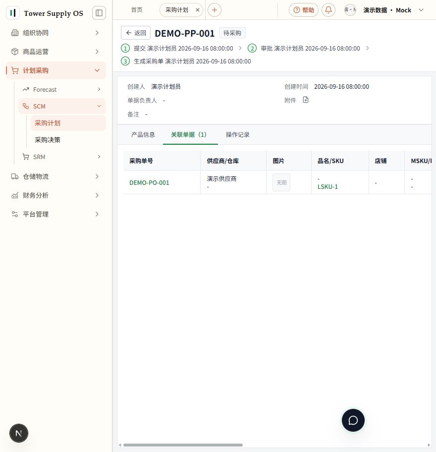 切换关联单据查看采购单与来源