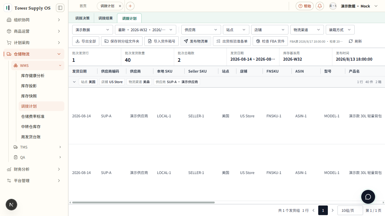 从 WMS 进入调拨计划工作区,顶部切换三个子页面