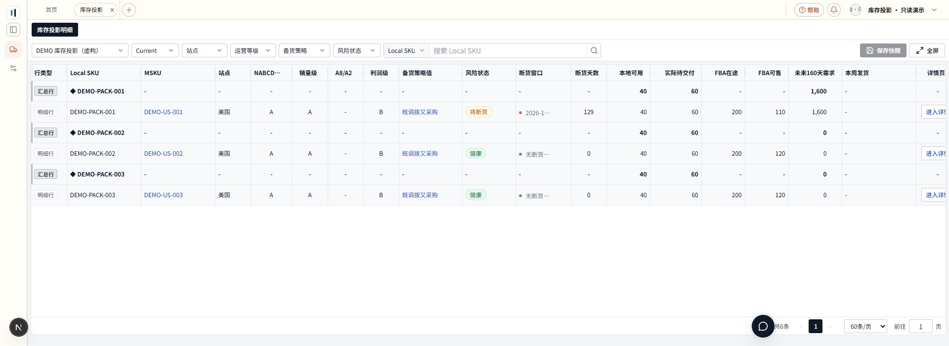 库存投影真实明细页:当前运行、筛选和 Local SKU 汇总及 MSKU 明细
